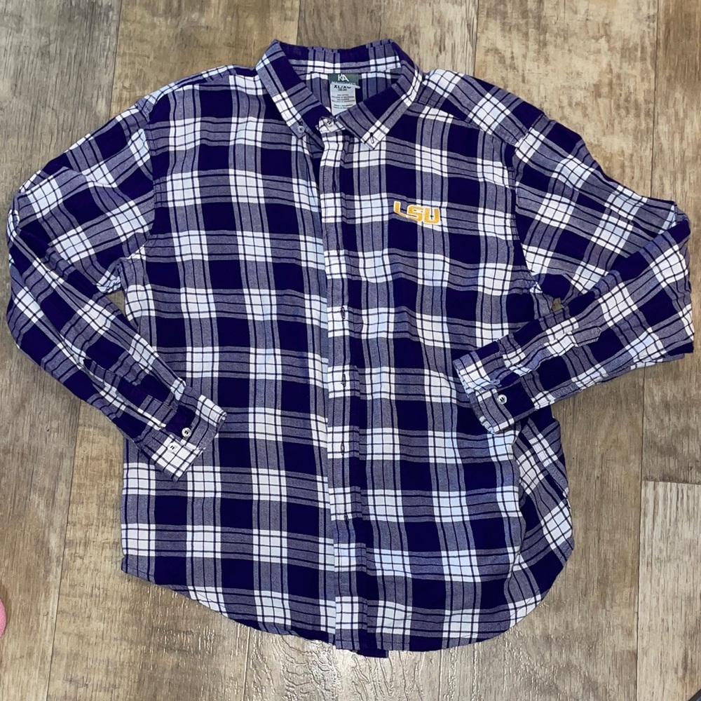 LSU tigers purple and white plaid flannel 100% cotton, XL, Knights Apparel